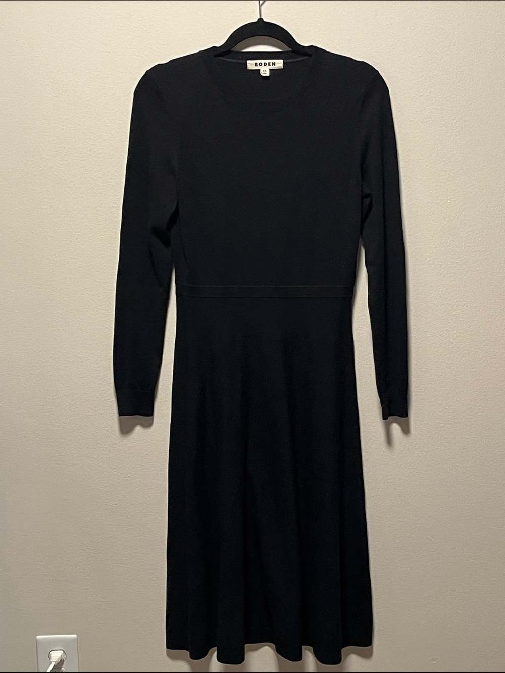 BODEN Knitted Fit and Flare Midi Dress, Long Sleeves, Black, Size